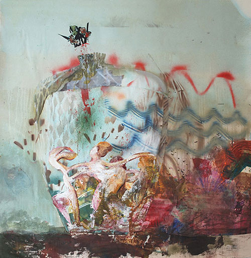 paula wilson mixed media painting spray oil paper wood block