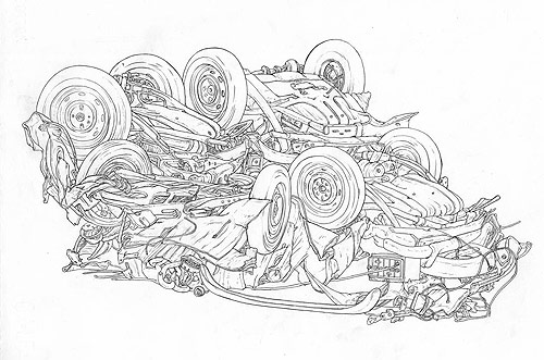 scott teplin crashes graphite ink watercolor drawing