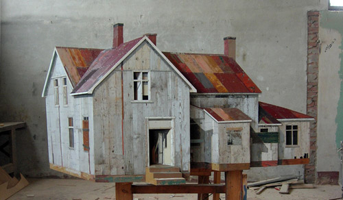 Sculptures by artist Ron van der Ende made of found scrap wood