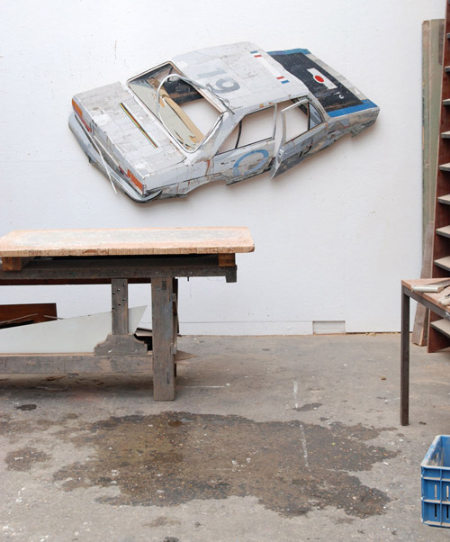 Sculptures by artist Ron van der Ende made of found scrap wood
