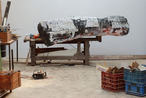 Sculptures by artist Ron van der Ende made of found scrap wood