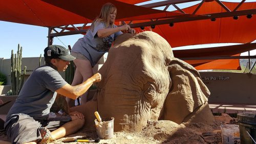 Nine-Foot Tall Sand Sculpture of Elephant Playing Chess with a Mouse