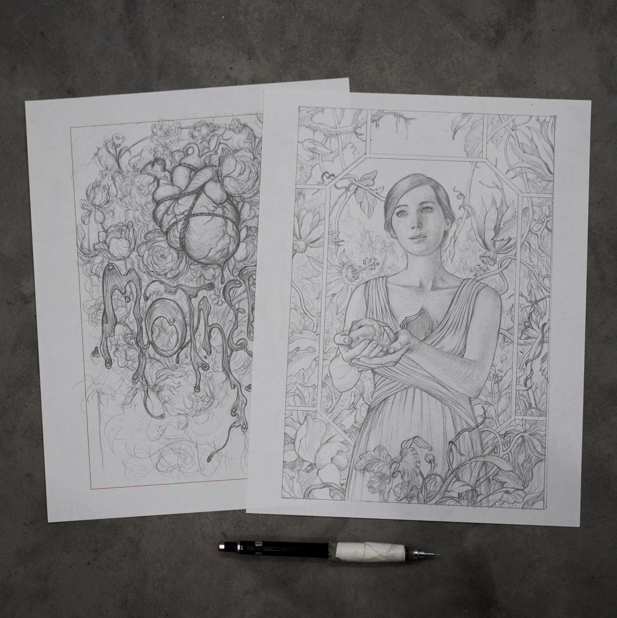 James Jean's sketches of Jennifer Lawrence for mother! film poster