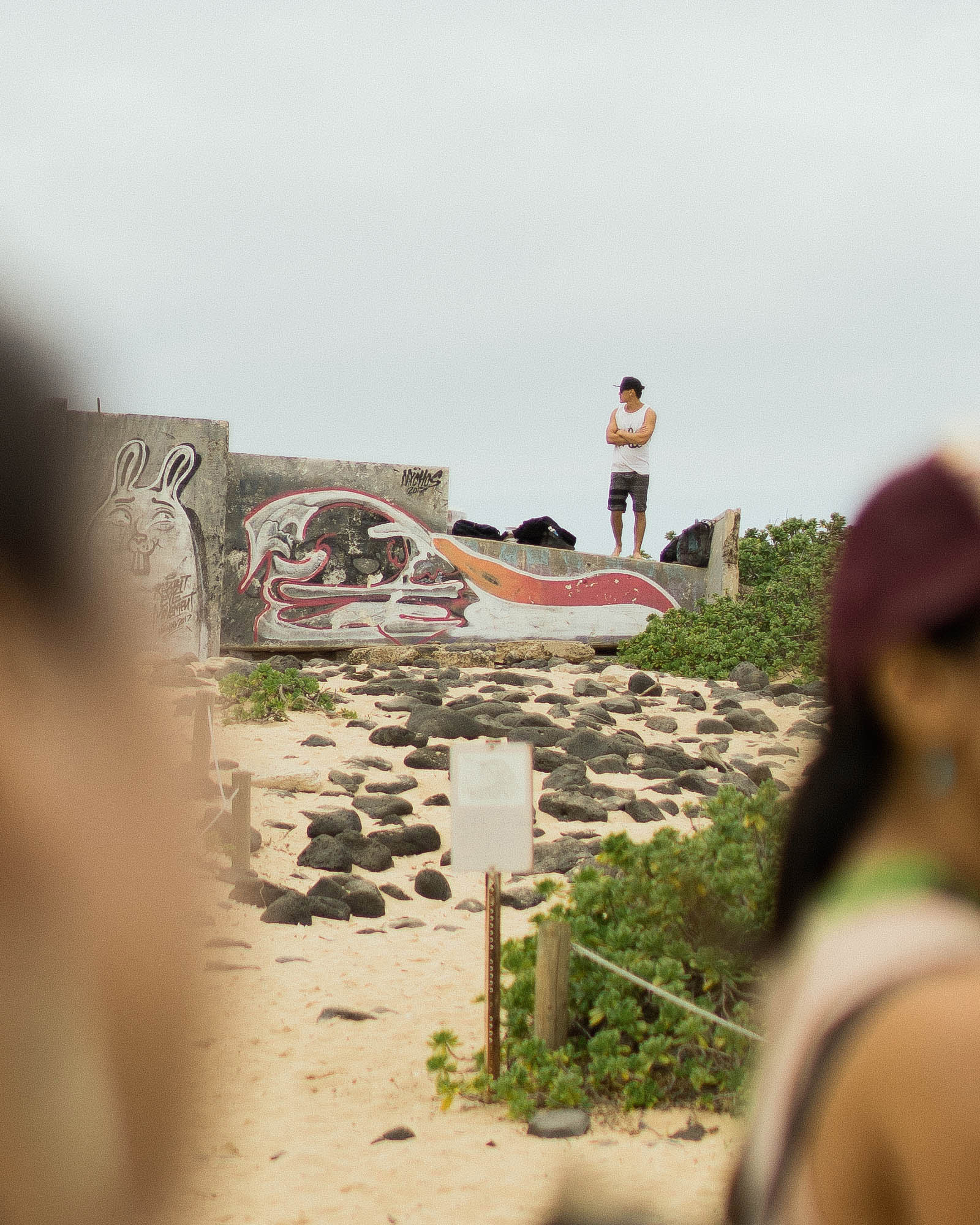 Artist Kamea Hadar stands over a mural by Nychos.