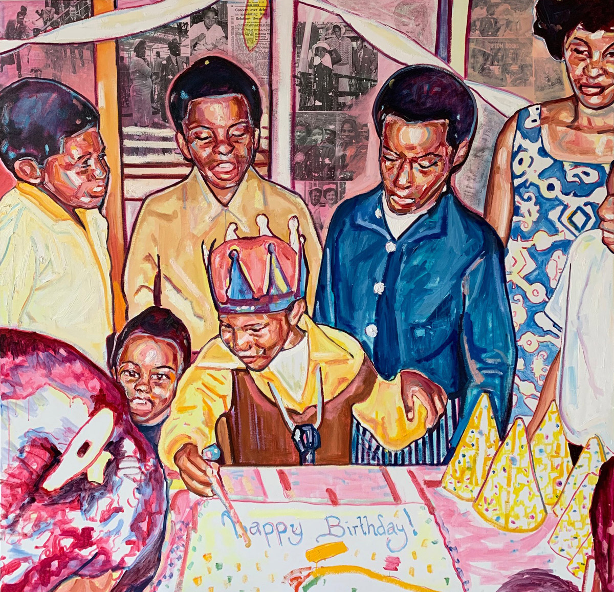 Having your cake and eating it too (2019), 200 x 165 cm, óleo, tinta e transferência de imagem em linho