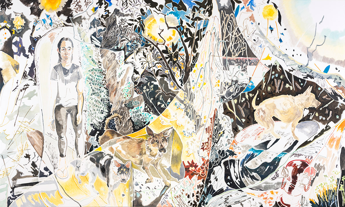 A Pintura de Chris Huen Sin Kan Haze Balltsz MuiMui and Doodood 2019 oil on canvas 240 x 400 cm