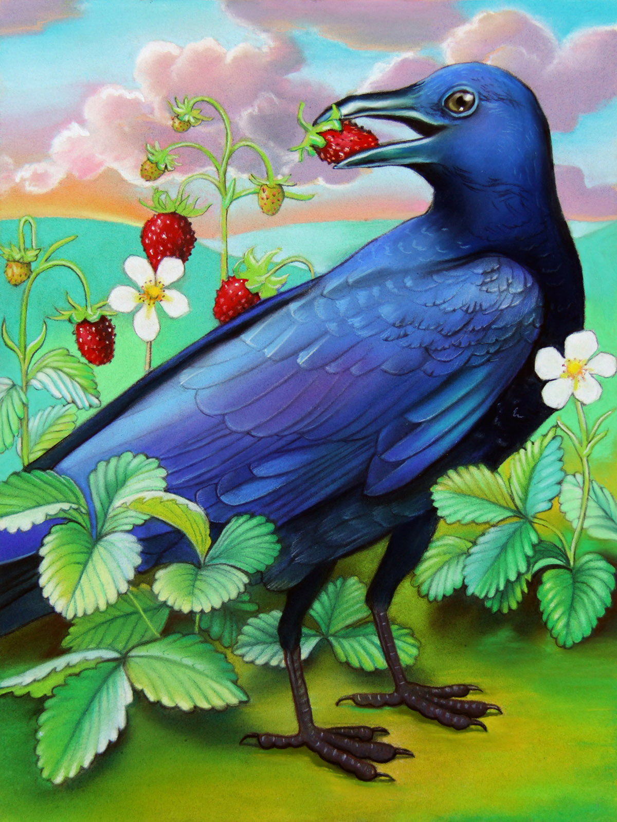 Jardim Impossível de Emma Steinkraus Crow Picking Strawberries 2020 pastel on paper