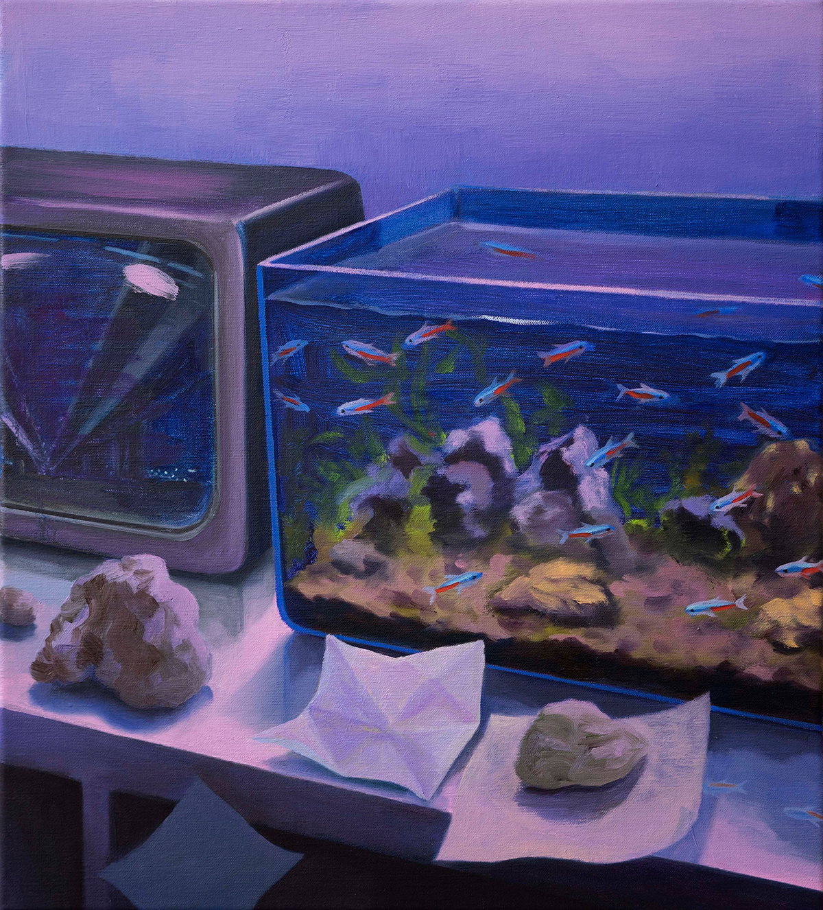 Painting of a fish tank with colorful guppies in it
