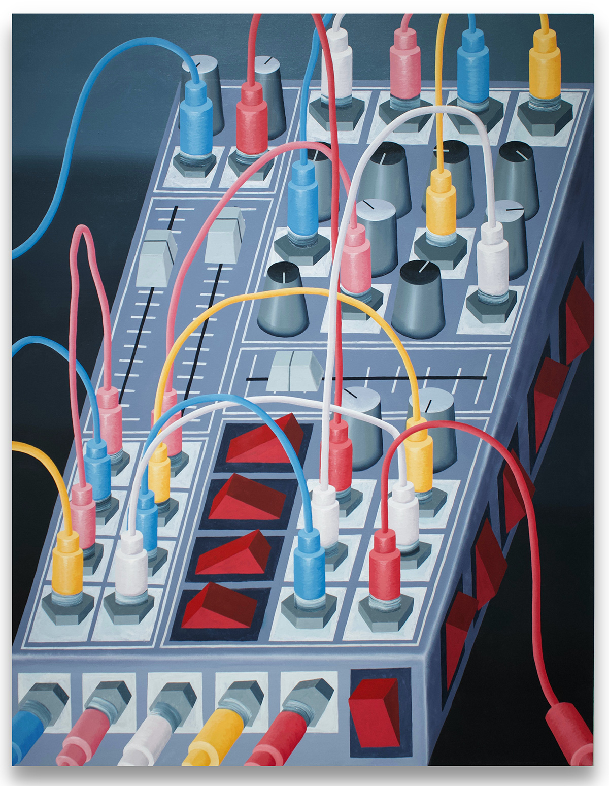 A photo of the Jack Kenna painting "Pretty Machine", showing an old synthesizer with colored red, yellow, white and blue cables connecting different jacks on the surface of the synth